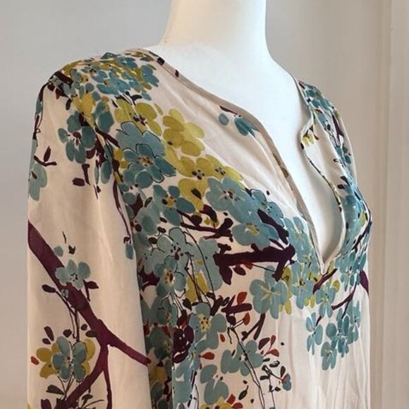 Zara Basic Cream Floral Blossom Tunic With Deep V Neck – US L - Picture 1 of 7